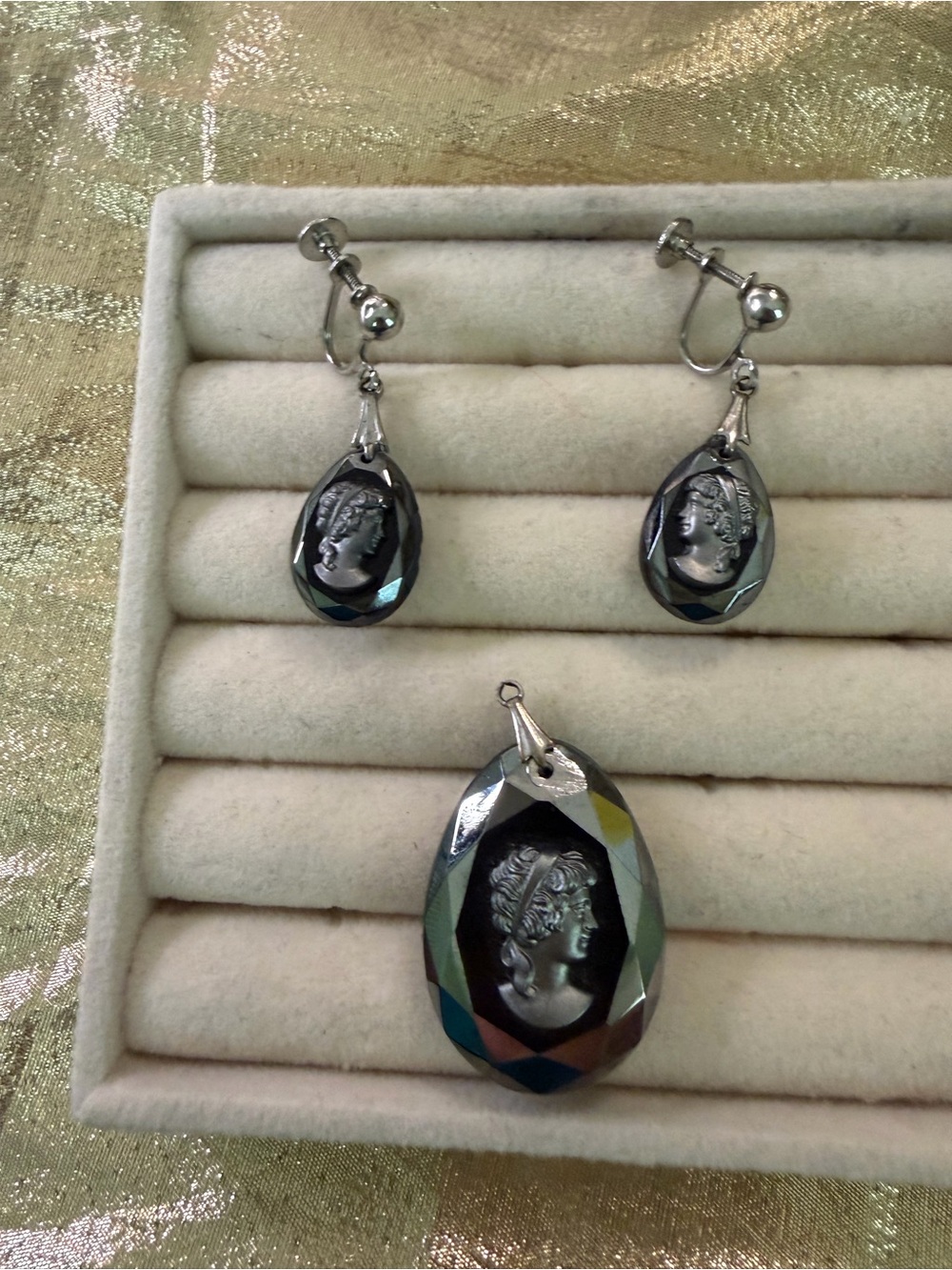 Vintage Silver-Tone Hematite Cameo Teardrop Earring and Pendant Set